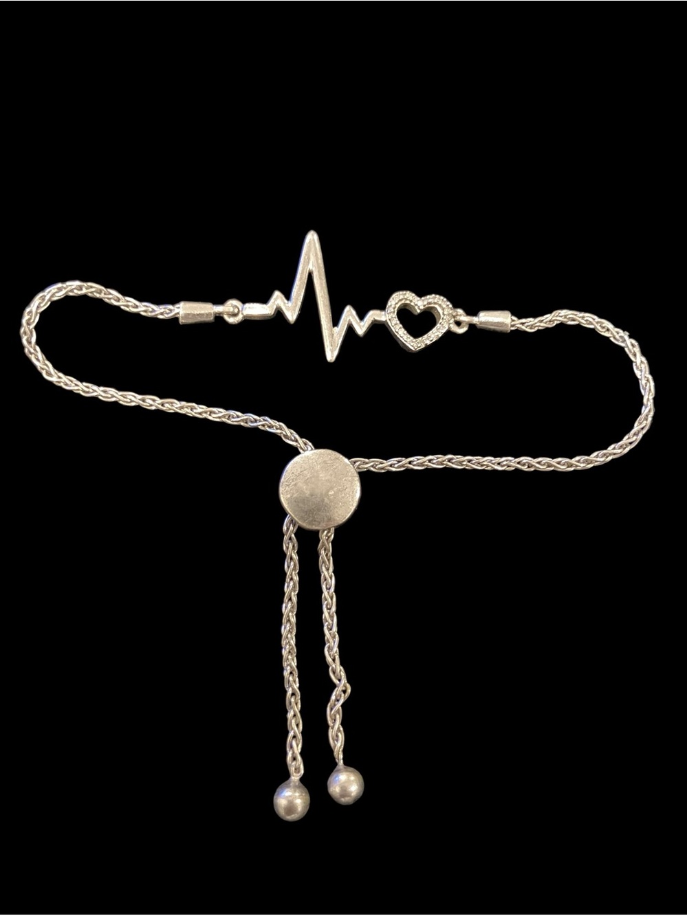 Sterling Silver & Diamond Heart Beat Statement Bolo Clasp Bracelet Adustable